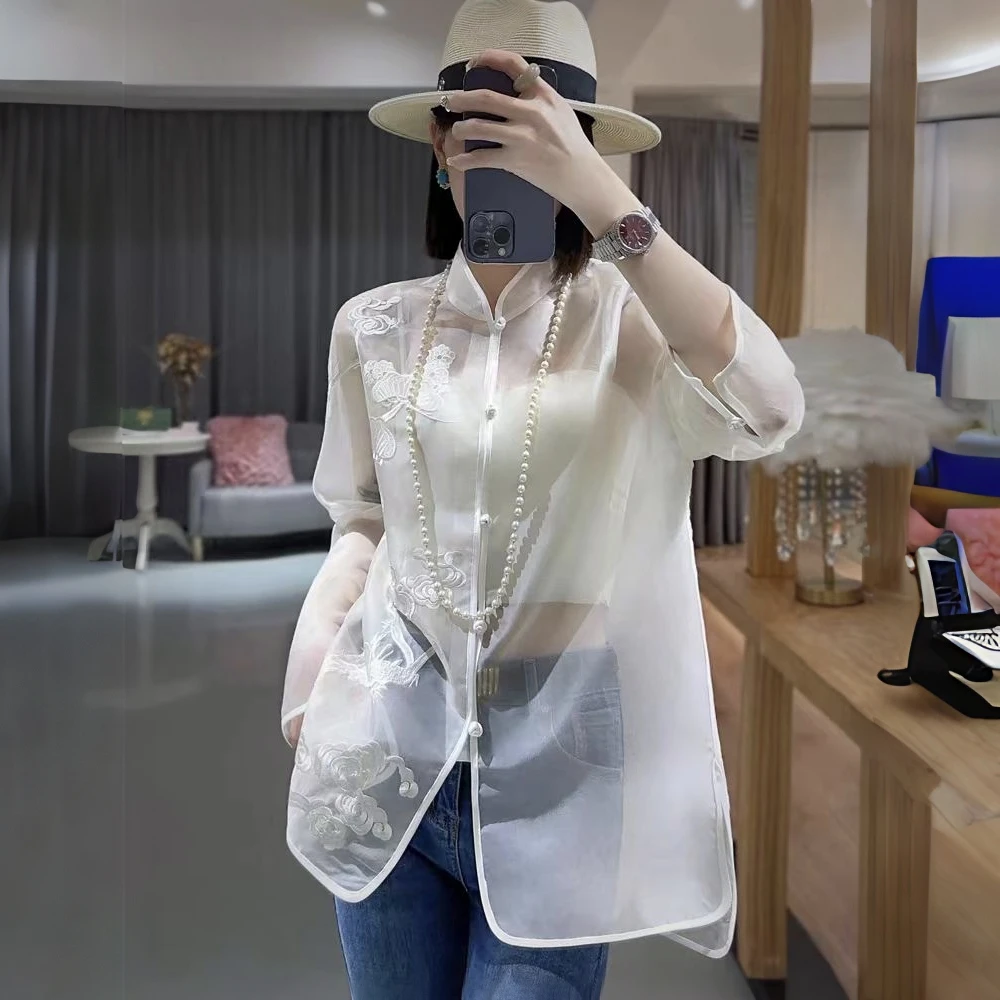《英佳推荐》立领新中式欧根刺绣盘扣百搭衬衫国风