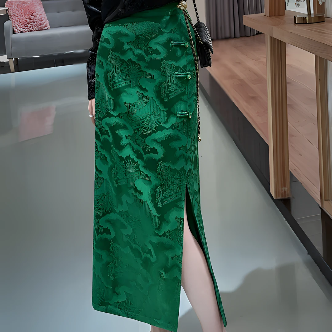 《英佳推荐》复古夏季提花翠松宋锦工艺开叉百搭高腰显瘦中长裙
