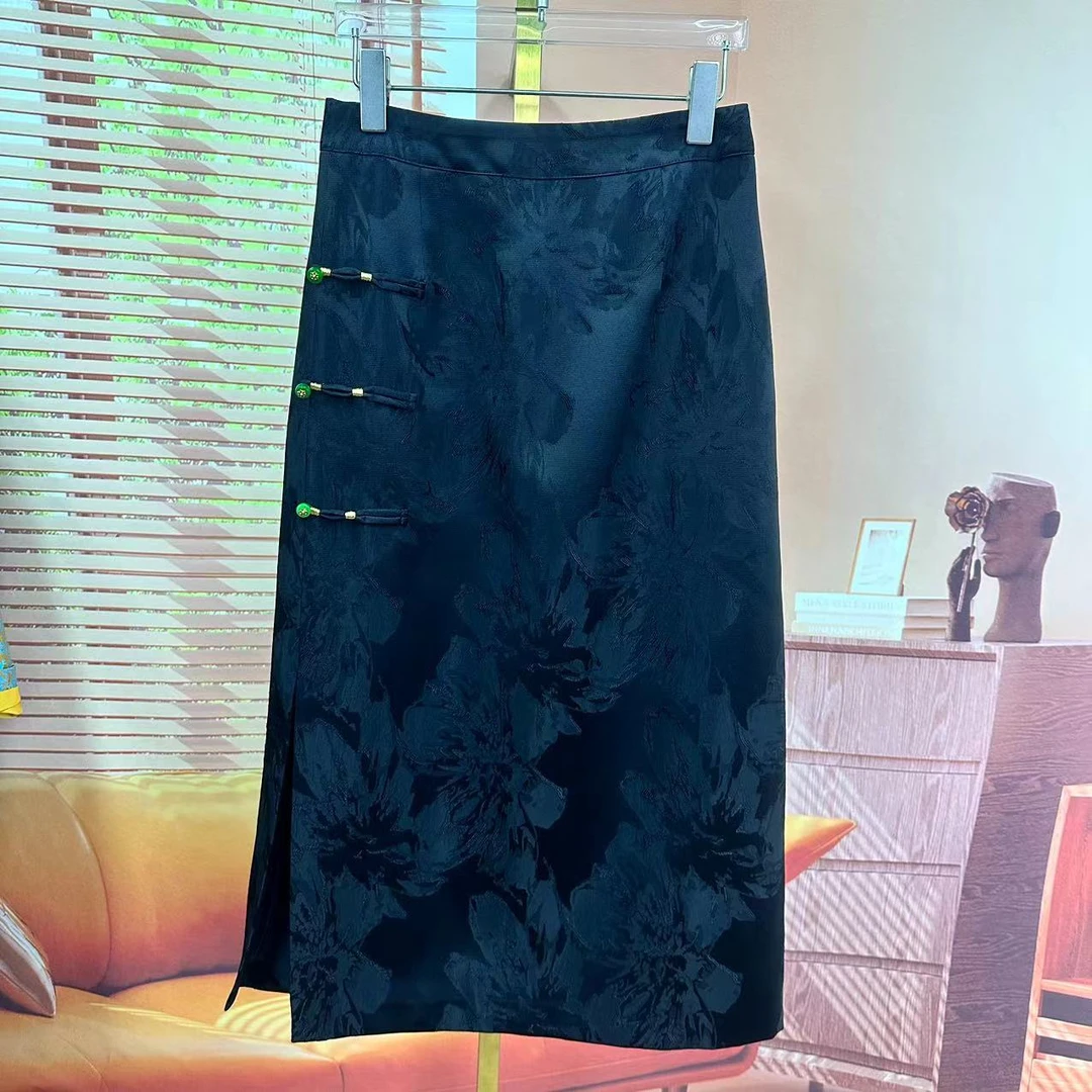 《董太推荐》中式复古提花开叉百搭高腰显瘦中长裙