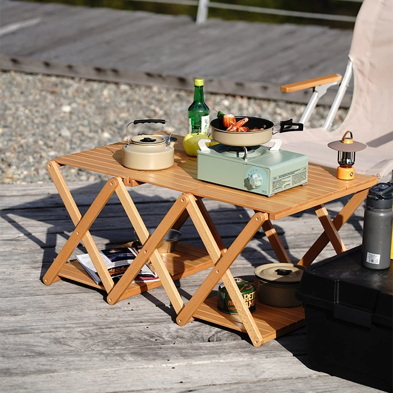 户外简易多功能置物架露营便携野餐自驾游多层日式实木折叠置物架
