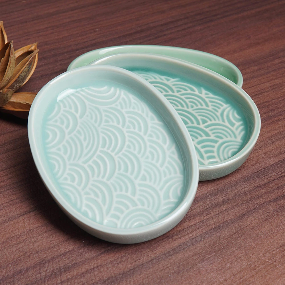 当代 青瓷文房四宝笔舔笔洗笔搁水碟盛墨汁用墨盘墨碟简约龙泉