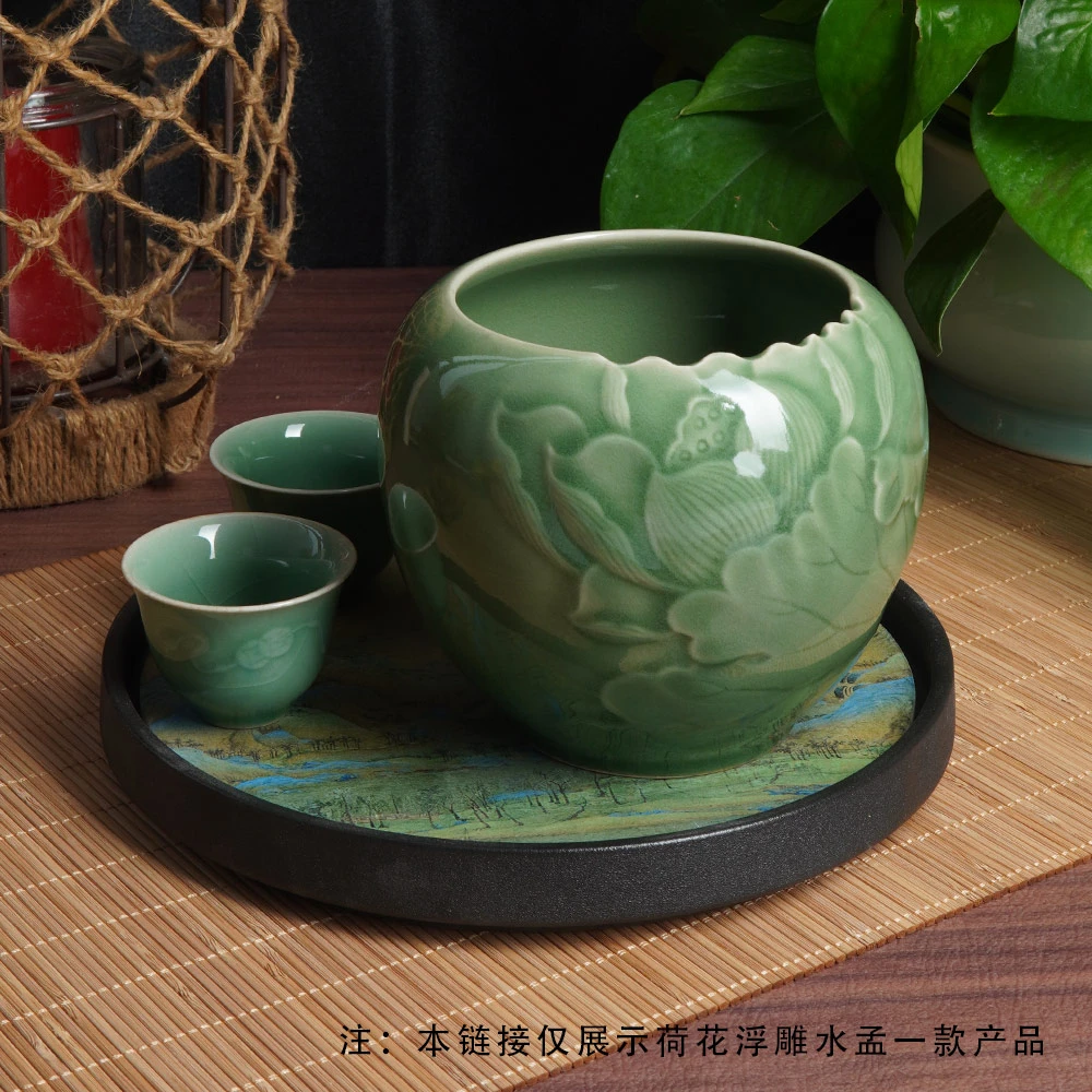龙泉窑复古荷花浮雕水孟建水茶洗缸中式哥窑废茶渣缸笔青瓷洗缸