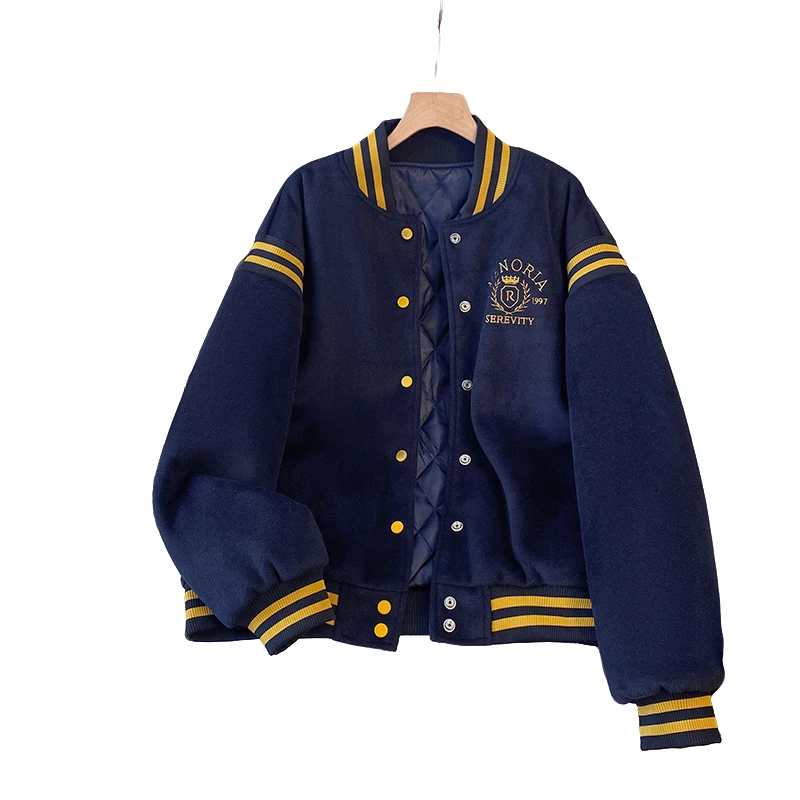 美式百搭夹棉棒球服外套2024秋冬新款休闲拼色宽松加厚夹克上衣