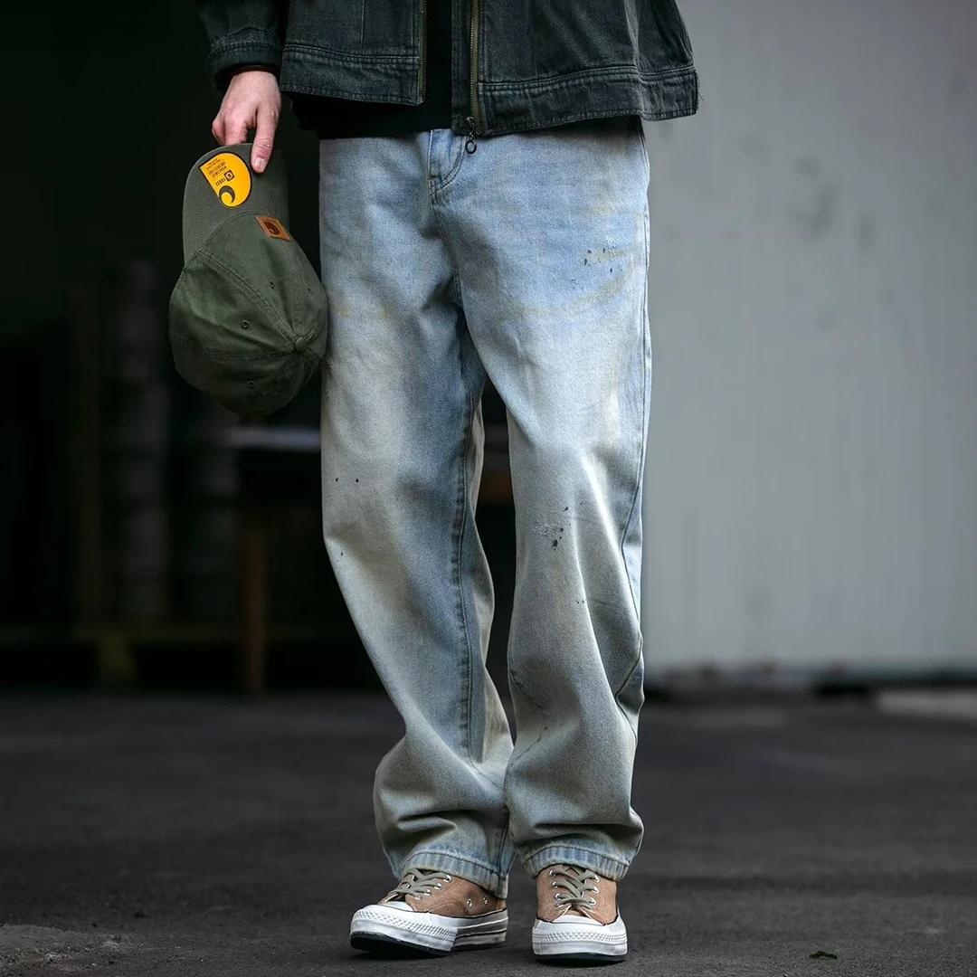 夏季薄款美式牛仔裤男宽松直筒大小腿粗男生复古高端裤子