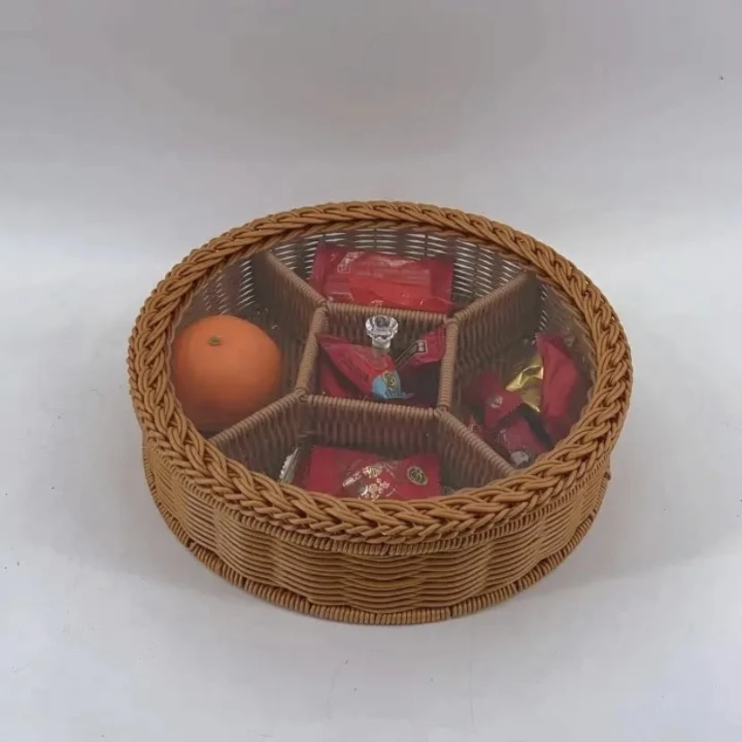 C11棕色圆形加固分格收纳带盖点心盘纯手工编织 30*8