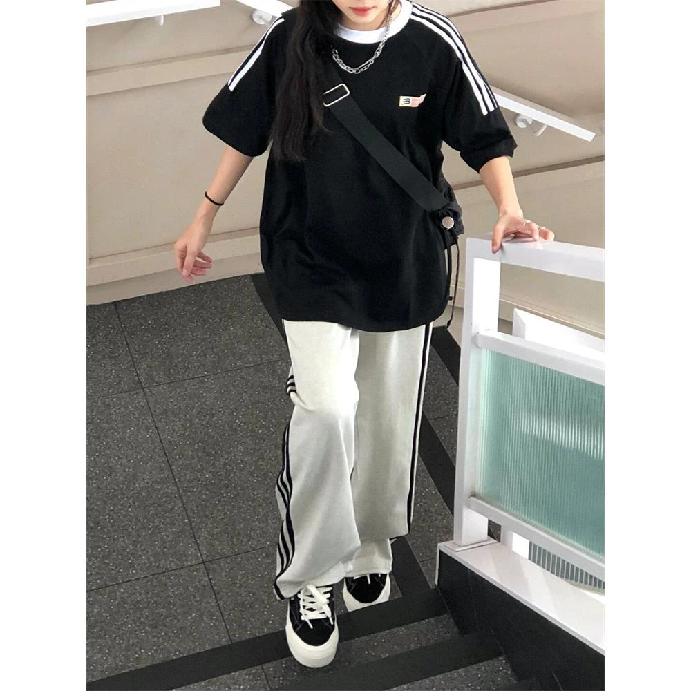 休闲套装女大童一整套穿搭夏季初高中少年感短袖T恤阔腿裤学院风