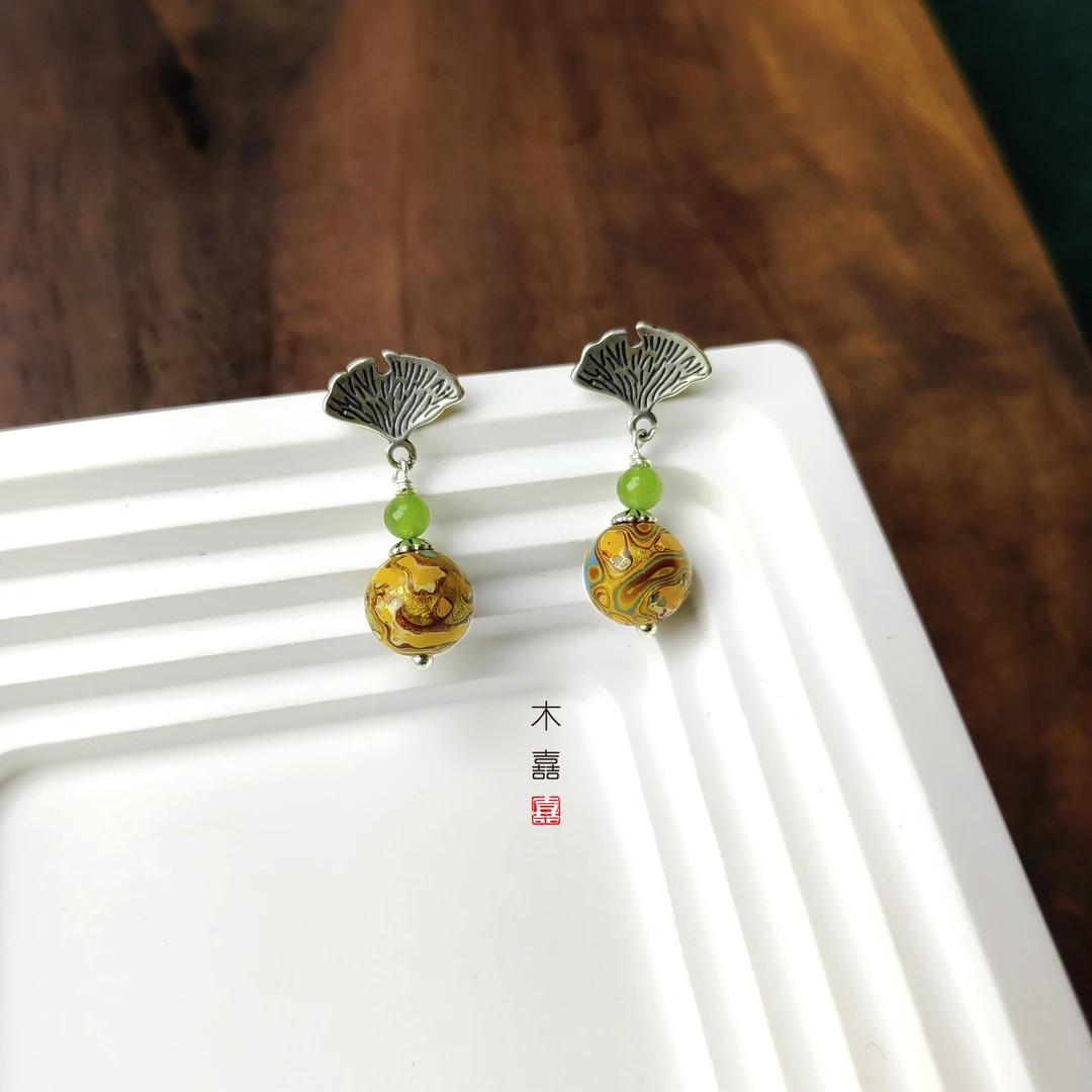 知秋|银杏耳坠大漆欧泊耳坠新中式耳饰