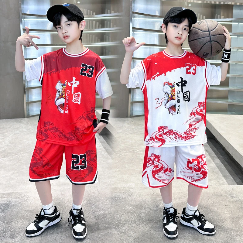 男童短袖篮球服夏装速干运动服装儿童夏季长城透气球衣中国风薄款