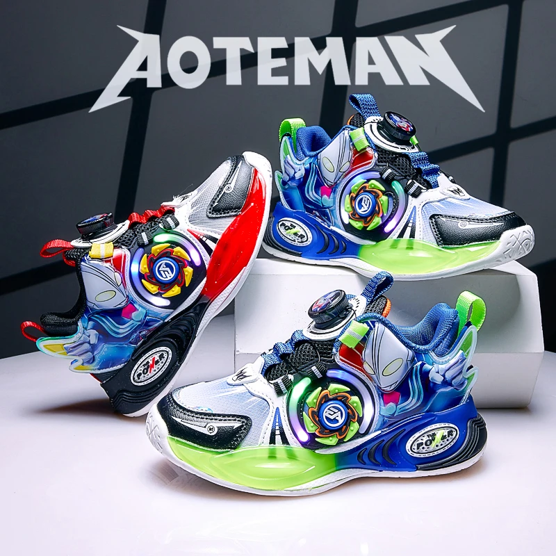 红色奥特曼儿童鞋皮面旋转纽扣亮灯风火轮旅游男童鞋子中童运动鞋