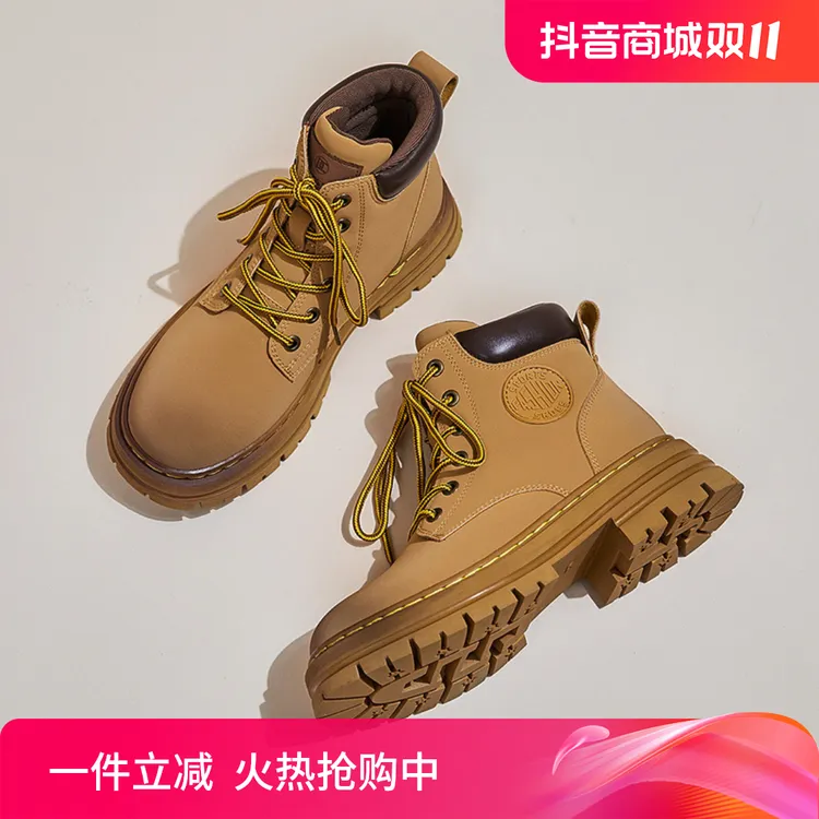 【赫本风】爆款女真皮粗跟马丁靴短靴2024冬新款圆头前