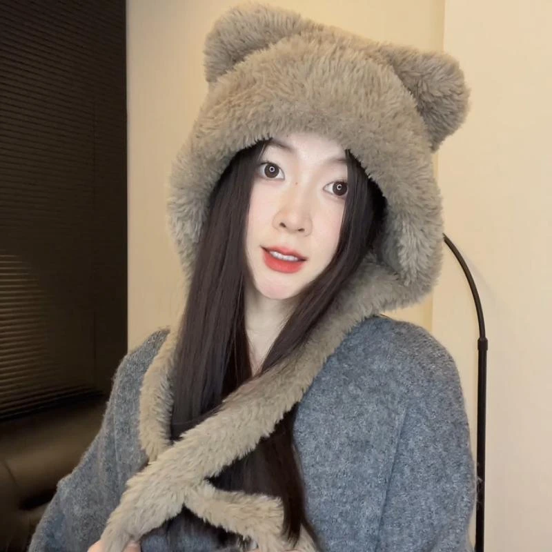 可爱小熊毛绒冬天加绒加厚保暖防风护耳包头帽