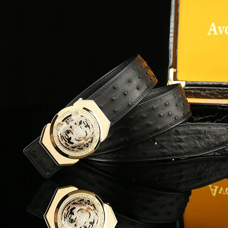 【真鸵鸟皮】鸵鸟皮男腰带不锈钢老虎头男士皮带时尚百搭真皮裤带男