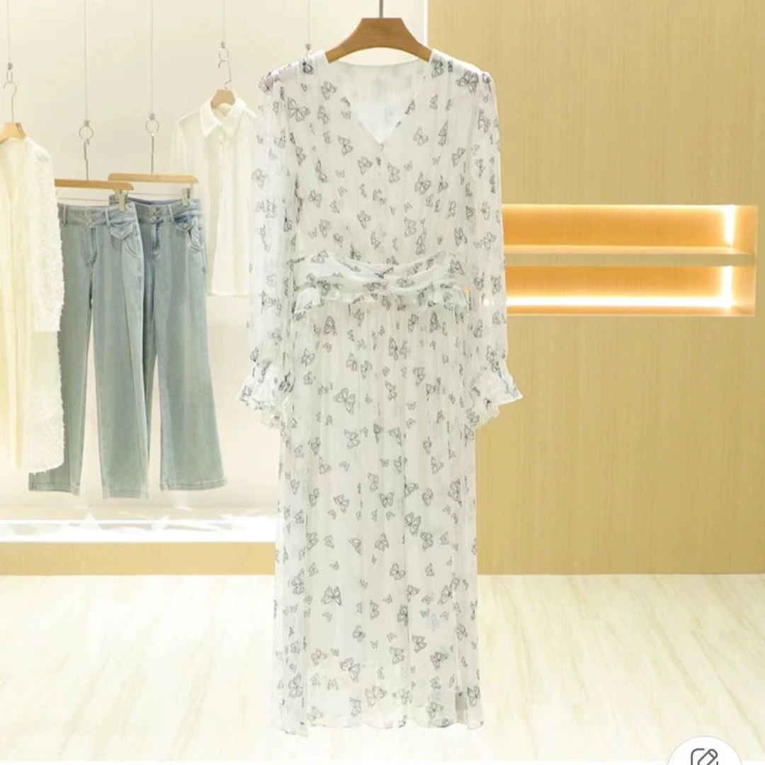 真丝连衣裙24年夏季蝴蝶花桑蚕丝乔其纱宽松大码桑蚕丝长裙沙滩裙