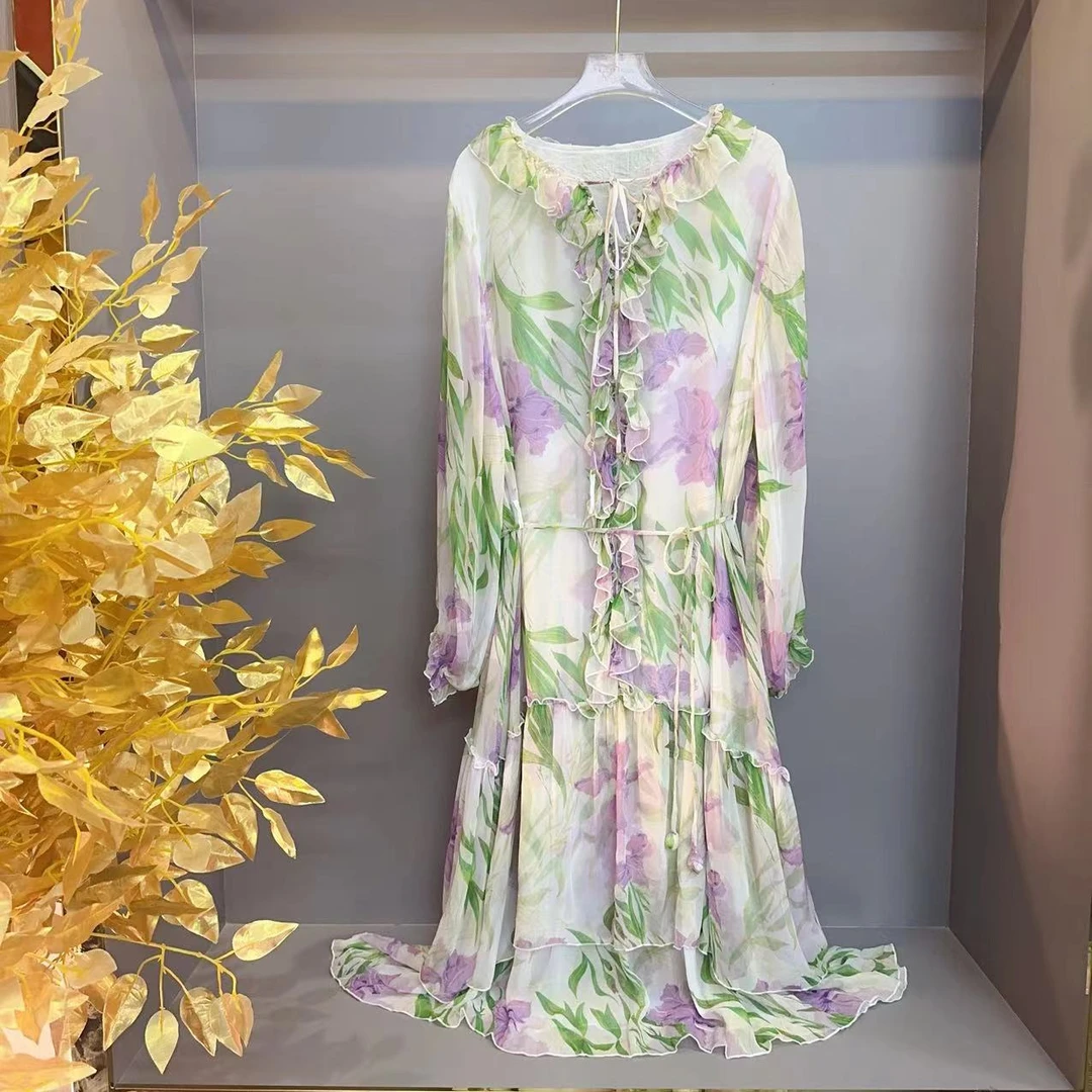 真丝连衣裙春夏爆款绿花真丝连衣裙收腰气质贵气桑蚕丝宽松连衣裙