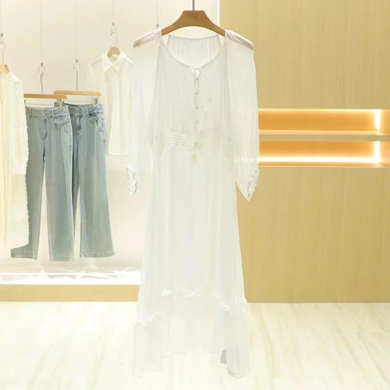 真丝度假连衣裙24年春夏季白色桑蚕丝乔其纱宽松桑蚕丝长裙沙滩裙