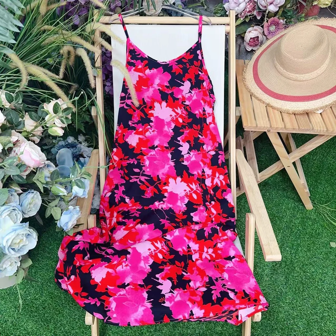 国风款气质吊带感夏季女装印花吊带裙子连长裙衣裙宽松大码沙滩裙