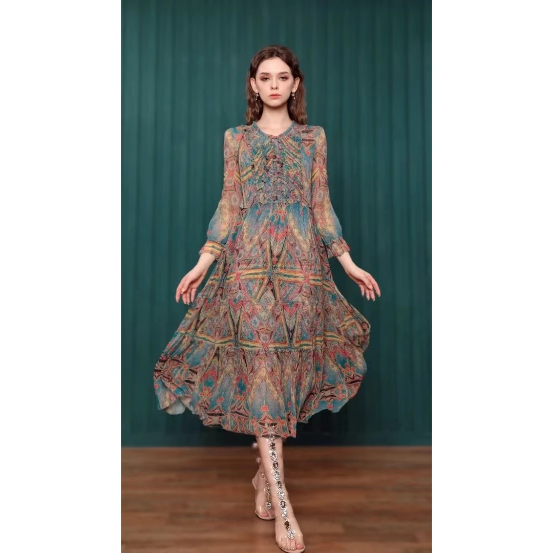 2024年新款真丝印花吊带连衣裙女海边度假裙子花色桑蚕丝中长裙子