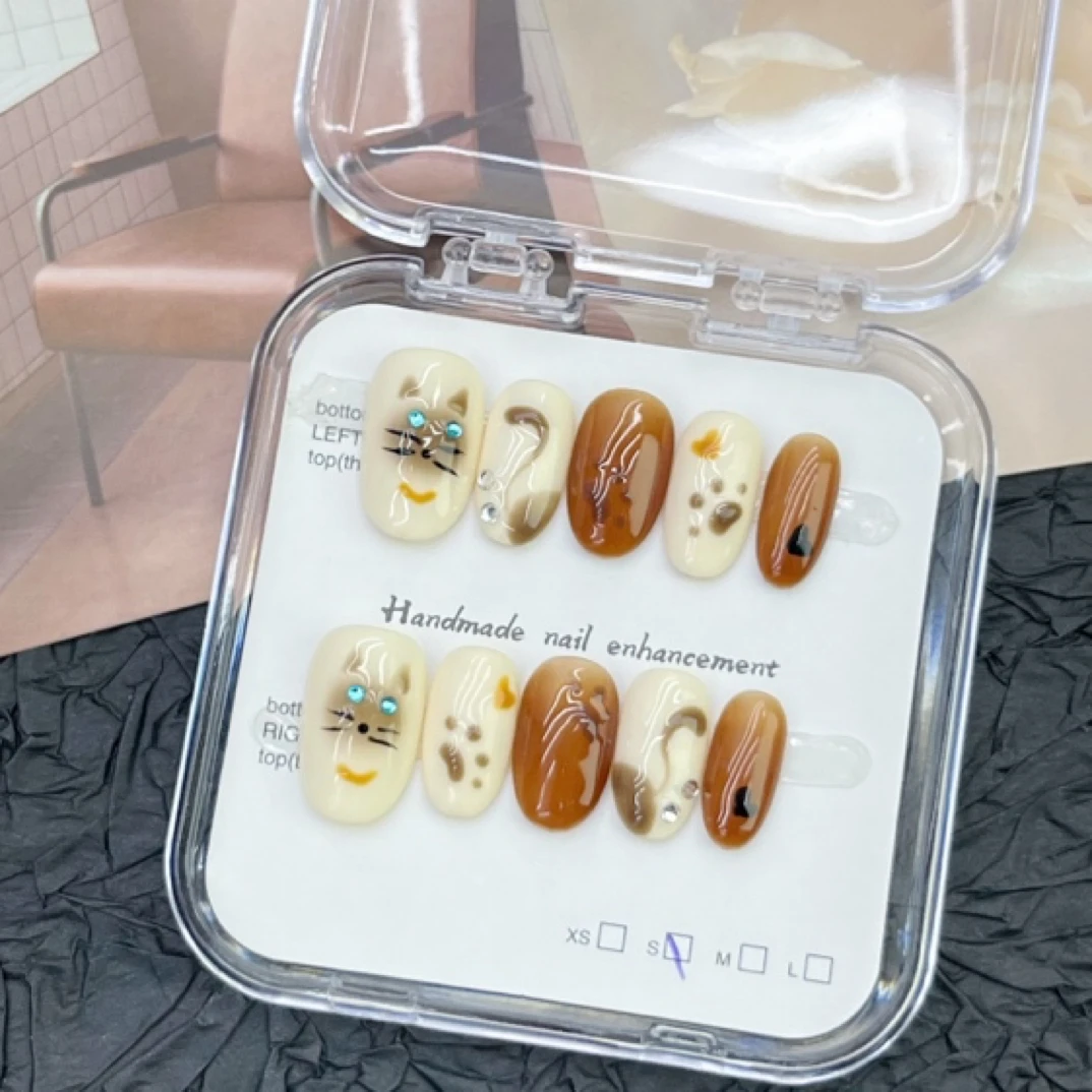 纯手工日常短款穿戴甲高级感手绘可爱慵懒猫假指甲贴美甲成品贴片