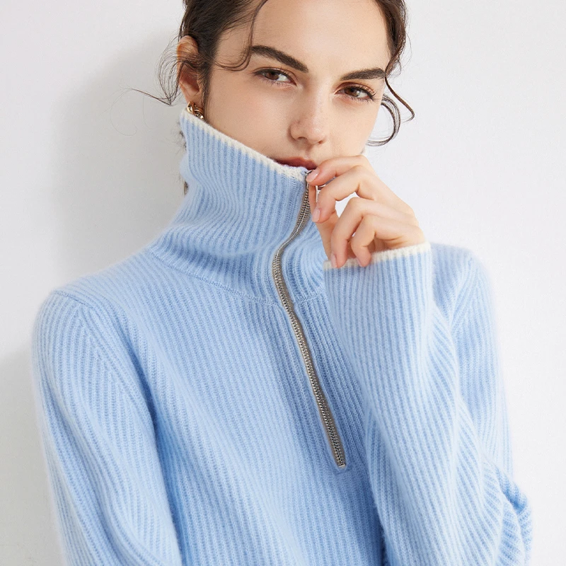 MoRo A类纱！刘雯同款100%纯山羊绒衫女半拉链大翻领针织