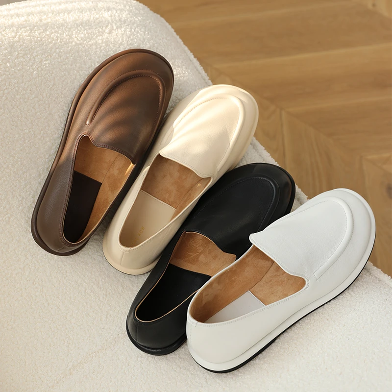 伊人悦己真皮平底白色row乐福鞋女款休闲单鞋一脚蹬小众设计女鞋