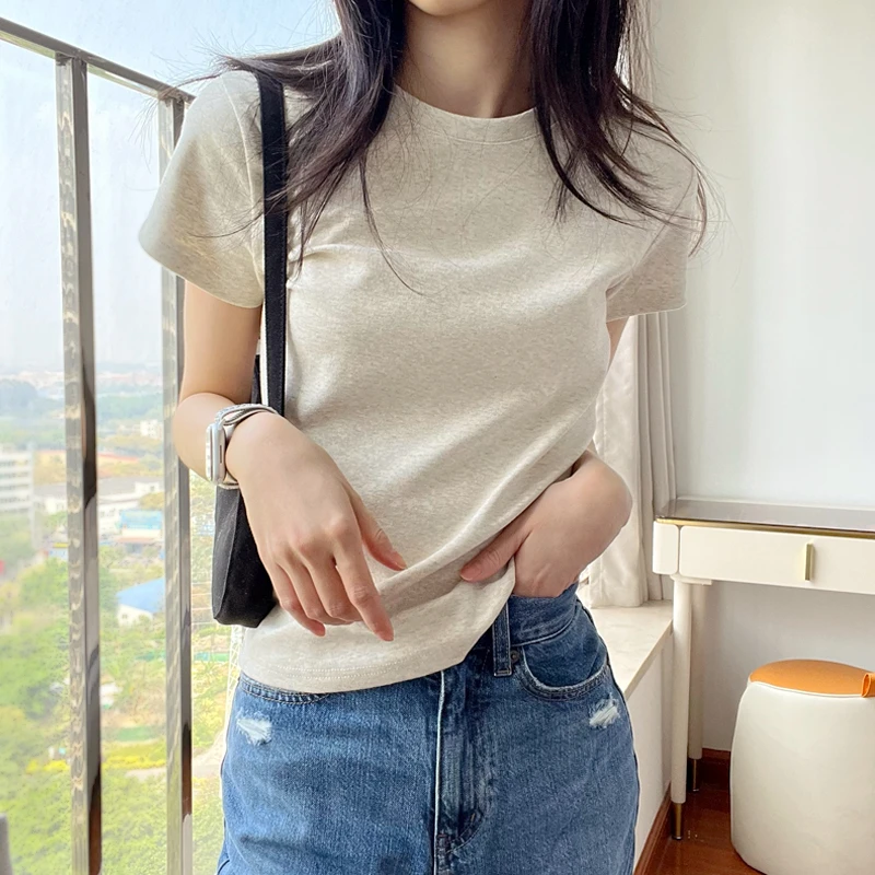 40精梳棉纯色复古正肩短袖t恤女圆领高级感内搭打底修身显瘦上衣