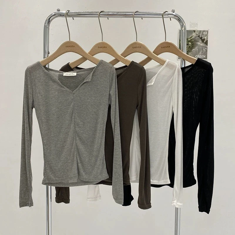 早秋冬季新款韩版休闲百搭薄款显瘦修身长袖打底V领T恤上衣女潮牌