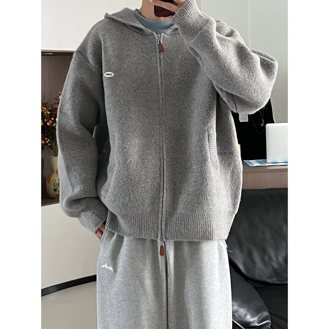 藤原不卖豆腐字母马海毛连帽开衫秋季慵懒情侣针织衫44y61