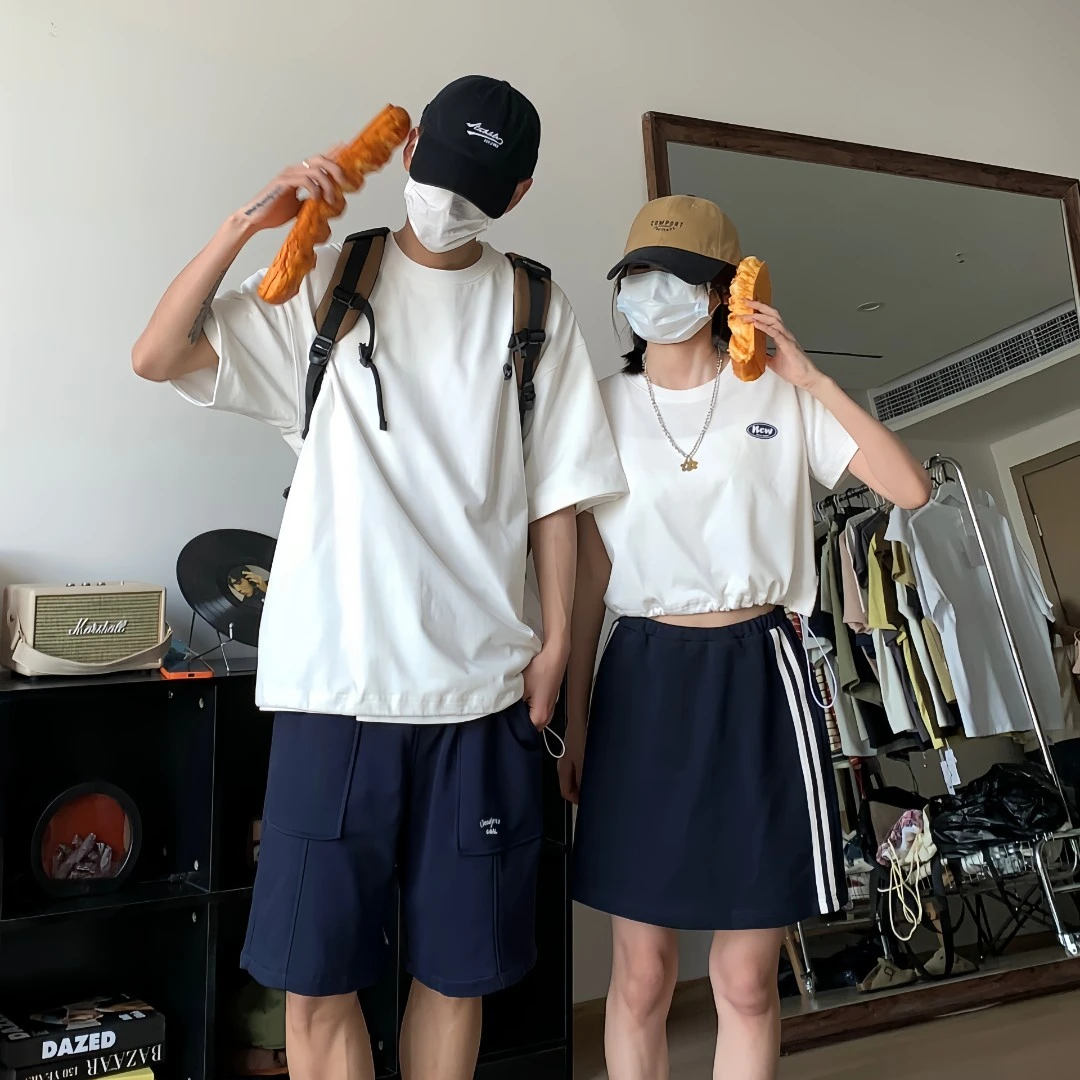 清仓藤原不卖豆腐复古250g夏季宽松圆领趣味印花情侣短袖T恤6014