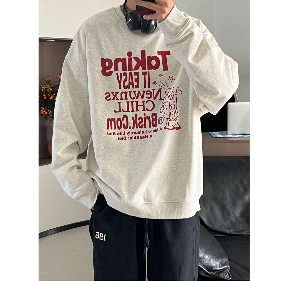 藤原不卖豆腐圆领印花重磅加绒卫衣秋季潮牌情侣休闲上衣43b05