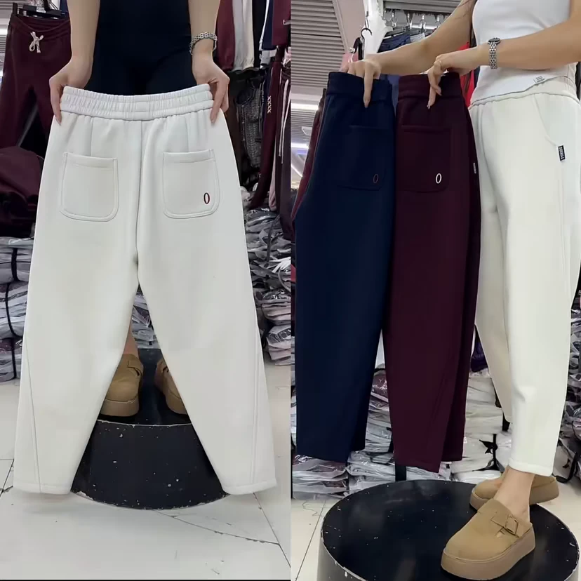 女士小个子加绒加厚休闲卫裤女2024冬季新款高腰宽松时尚运动裤