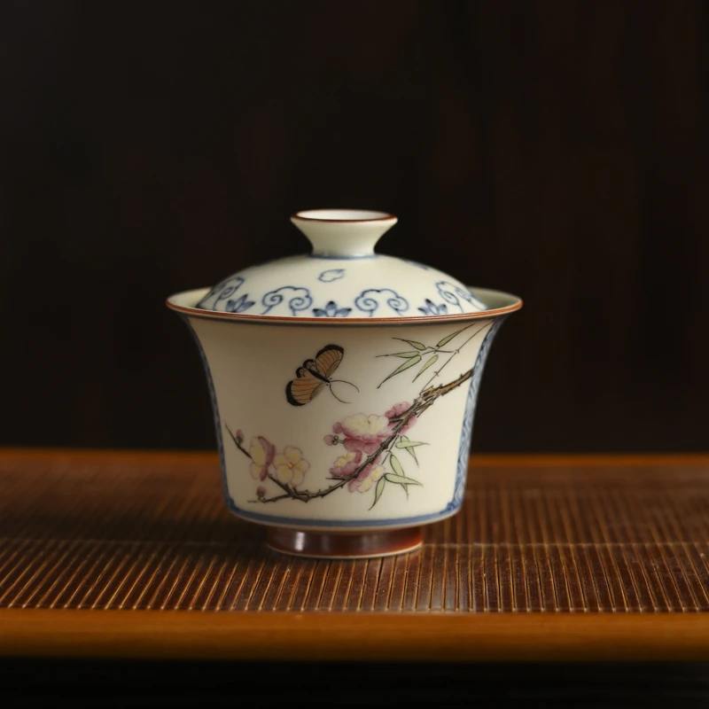 【直播专属】开窗斗彩蝶恋桃花-墨冉-马蹄盖碗-130ml（新墨冉0279）