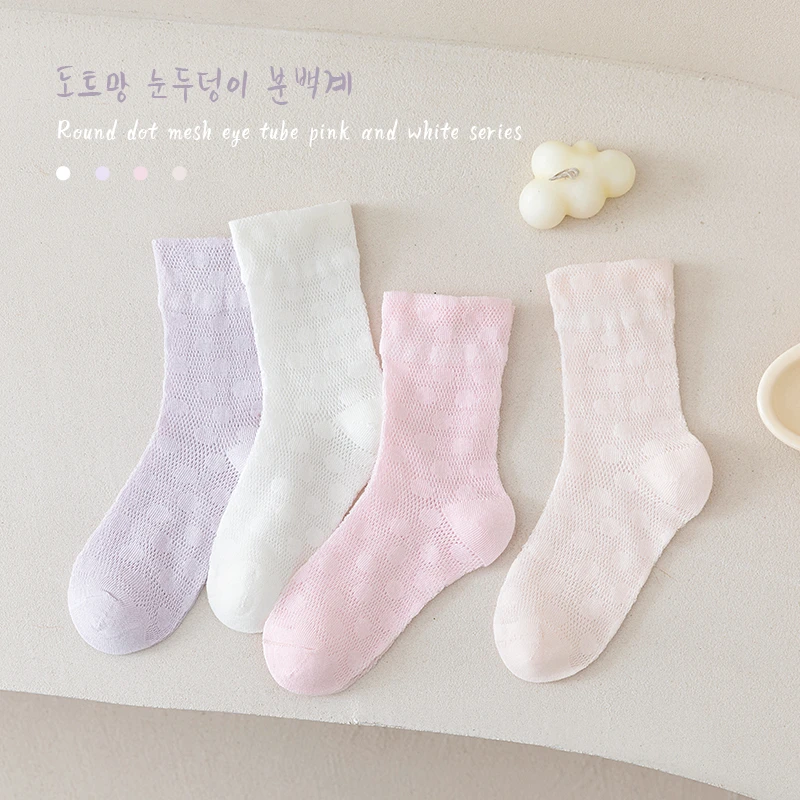 XY2406夏季薄款透气舒适圆点网眼中筒童袜可爱童趣柔软久穿不松垮