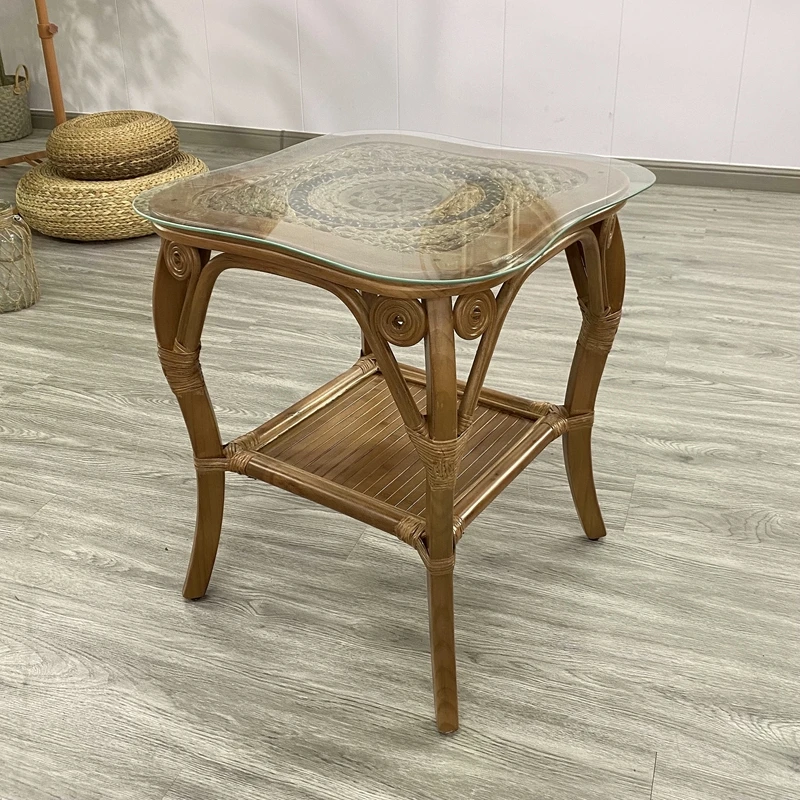 胡桃色方形小鱼桌手工编制藤编茶几方几简约茶几中式双层茶几客厅