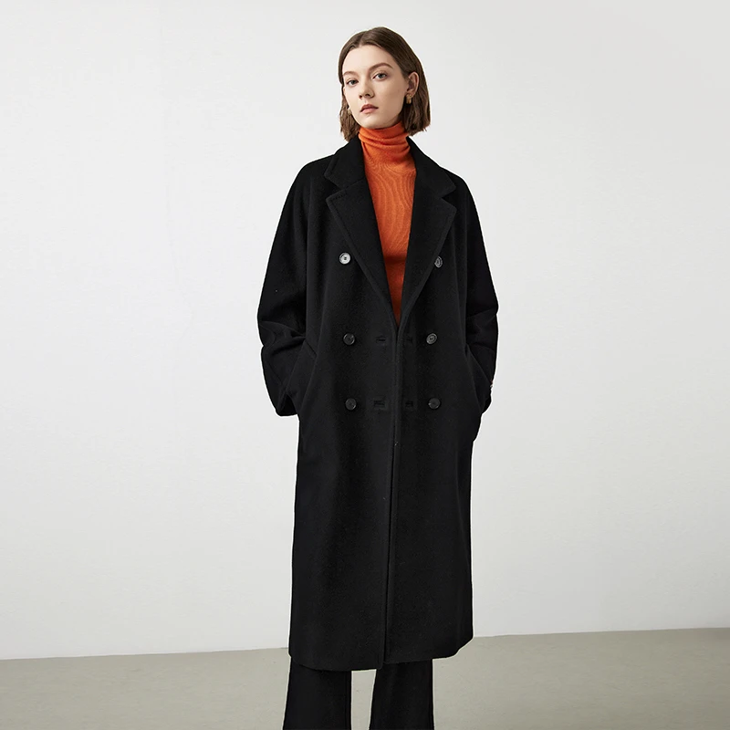 朗姿纯羊毛法式2025收腰中长款毛呢外套大衣女西装领热力感