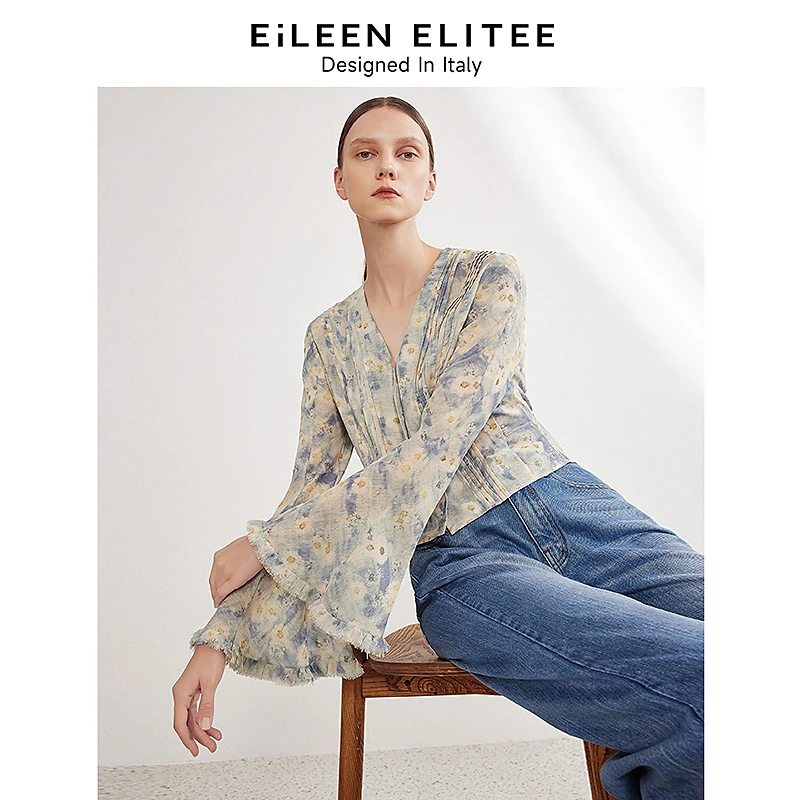 朗姿欧洲EiLEENELITEE法式微喇袖小众碎花衬衫上衣新款欧若风