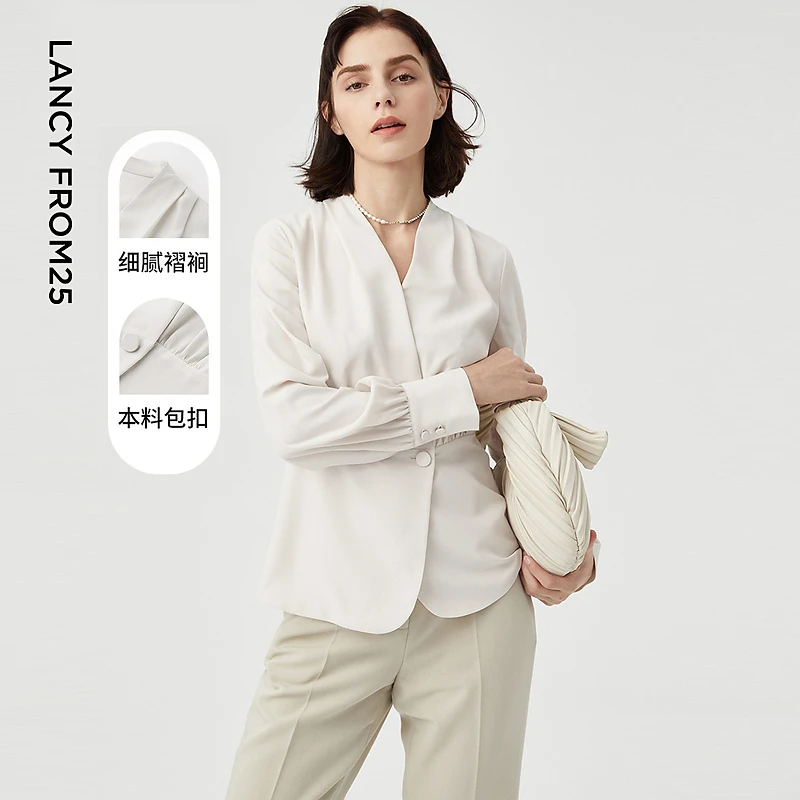 朗姿法式气质V领修身显瘦白色小众翻领衬衫衬衣女新款内搭上衣欧