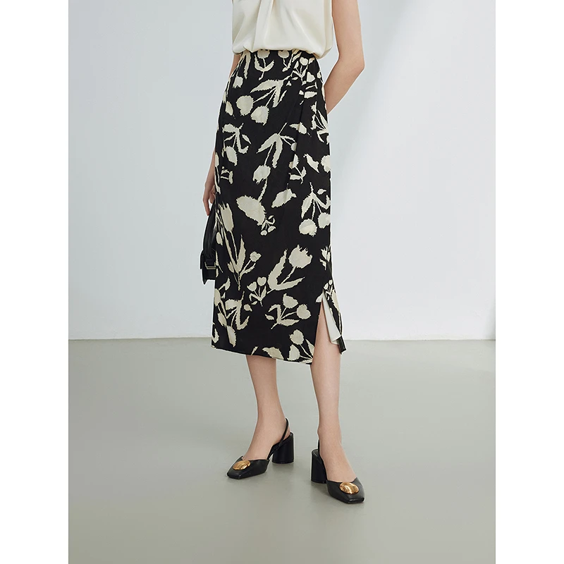 朗姿复古法式印花修身高腰显瘦裙子女气质夏新款设计感半身裙