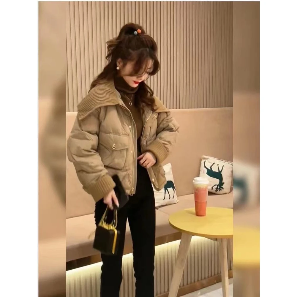 小个子拼接针织大翻领2024冬季新款韩版高级棉服外套女短款上衣女