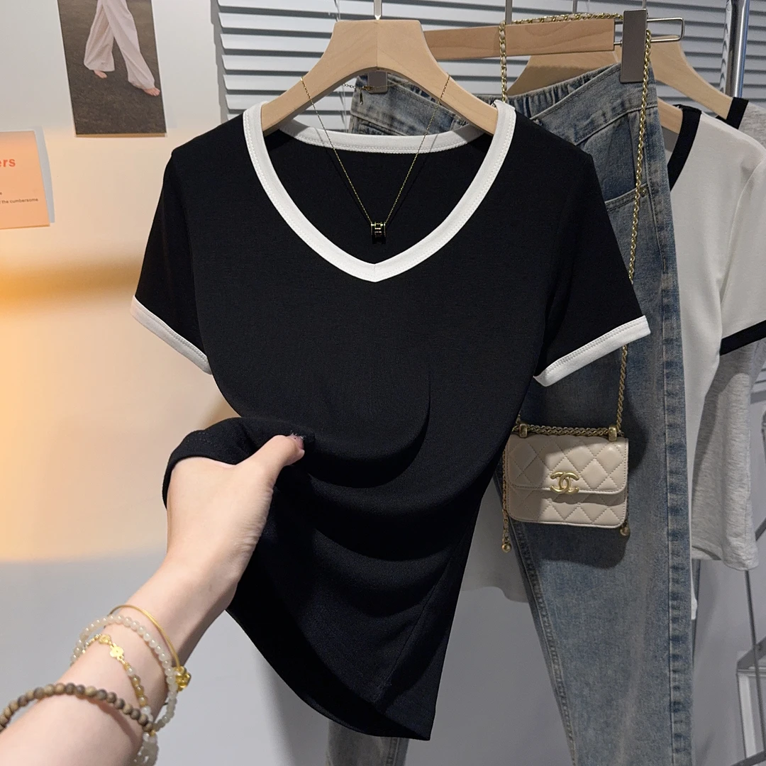 v领撞色女士短袖外穿洋气时尚爆款夏季修身显瘦女时髦洋气短袖