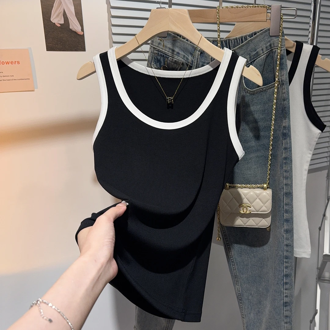 螺纹撞色U领小吊带背心女内搭夏季运动瑜伽无袖打底冰丝洋气上衣