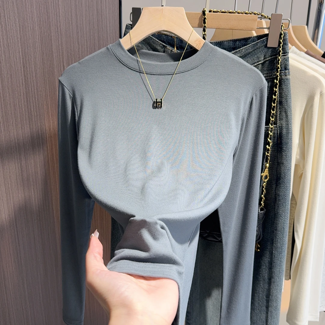 洋气小圆领打底衫女秋季内搭修身显瘦时尚设计感气质长袖T恤上衣