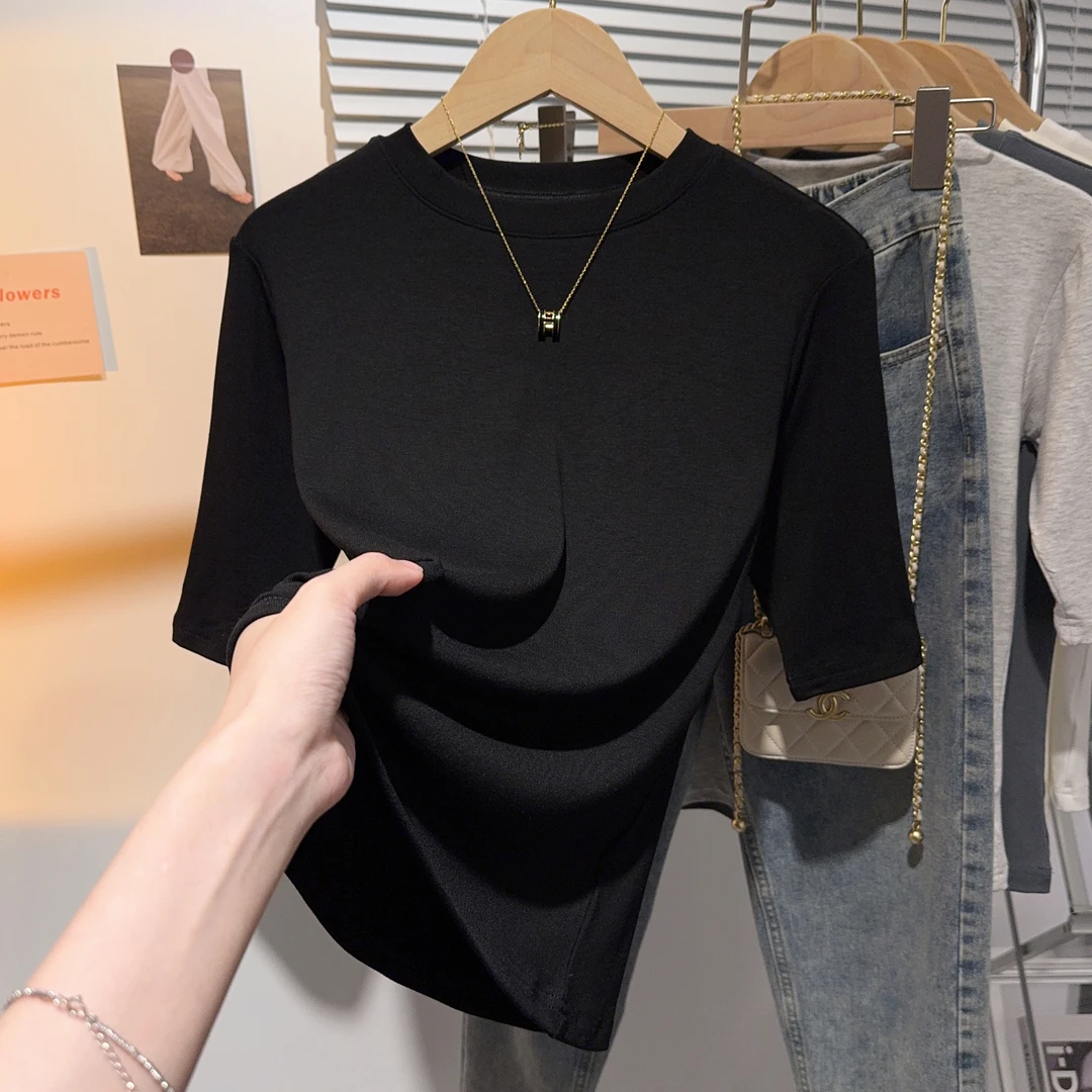 黑色中袖t恤女款潮牌高档早秋2025新款修身百搭高级感韩版五分袖