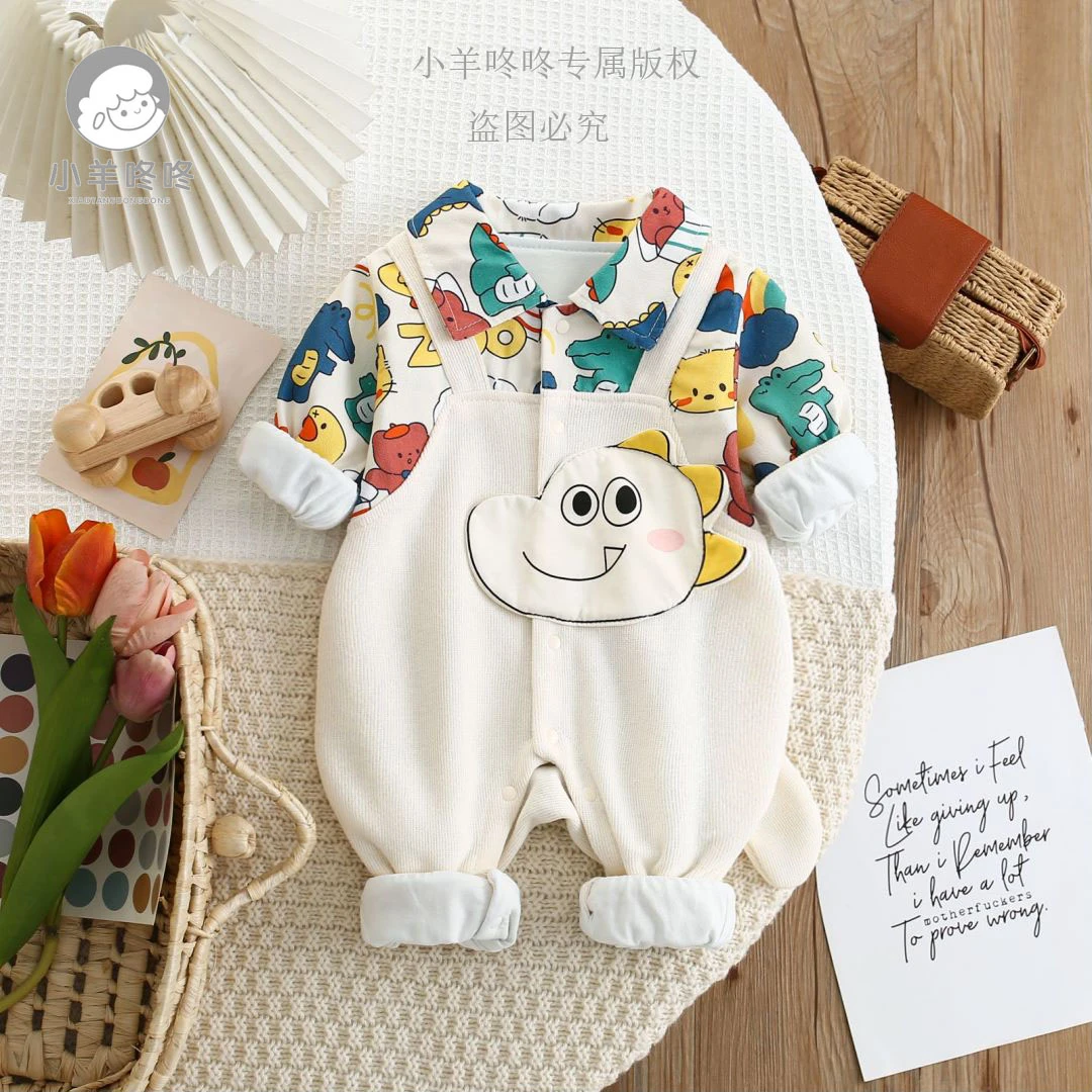 婴幼儿新款春秋宝宝长袖可爱呆萌调皮恐龙翻领假背带连体哈衣爬服