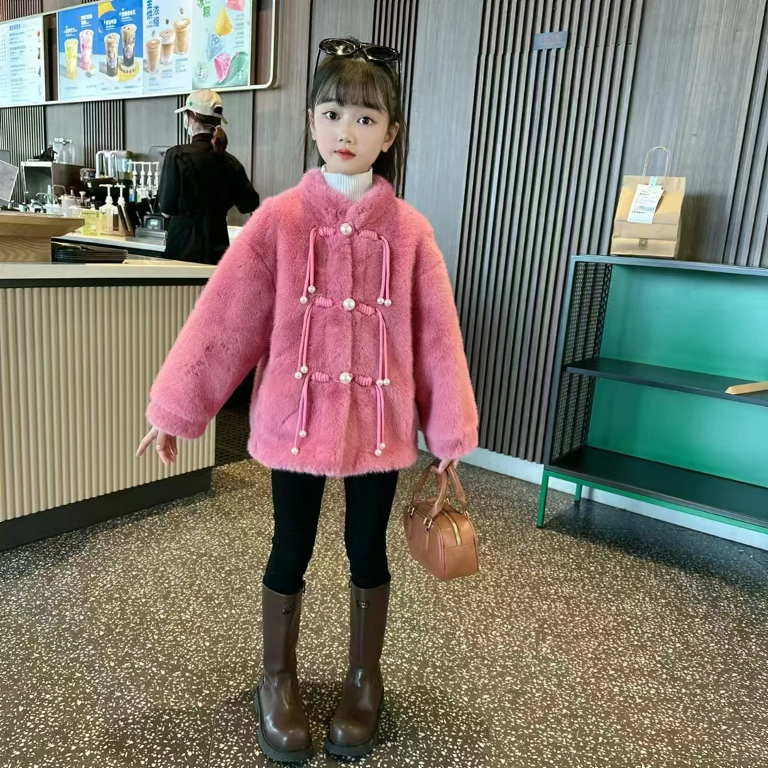 秋冬新款儿童毛毛外套女童洋气时尚中长款大衣韩版加厚立领亲子装