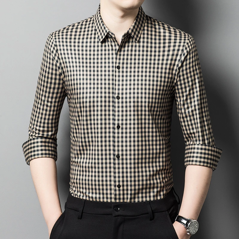 轻奢大牌春秋季男士高端格子长袖桑蚕丝衬衫商务休闲百搭免烫衬衣