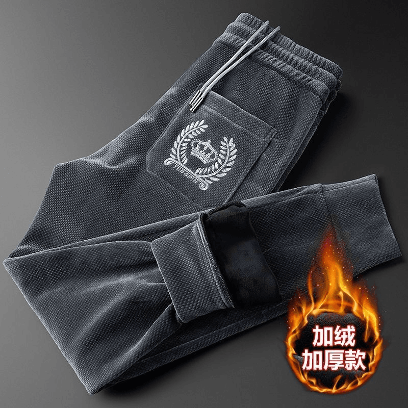 秋冬加绒加厚轻奢百搭保暖运动休闲裤男口袋刺绣卫裤潮时尚男