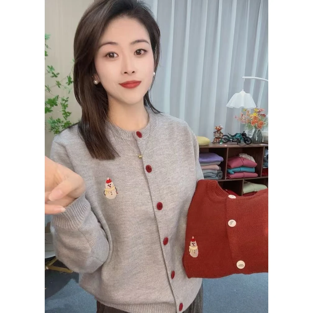 春装圆领纯色圣诞卡通针织开衫