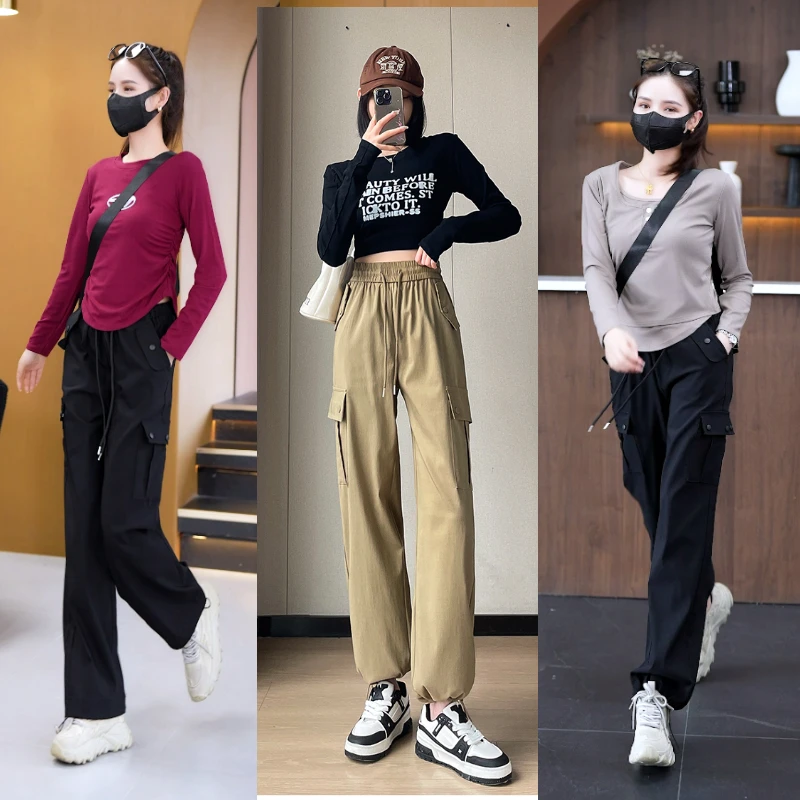 工装裤女美式网红小个子高腰宽松直筒辣妹显瘦百搭阔腿束脚运动裤