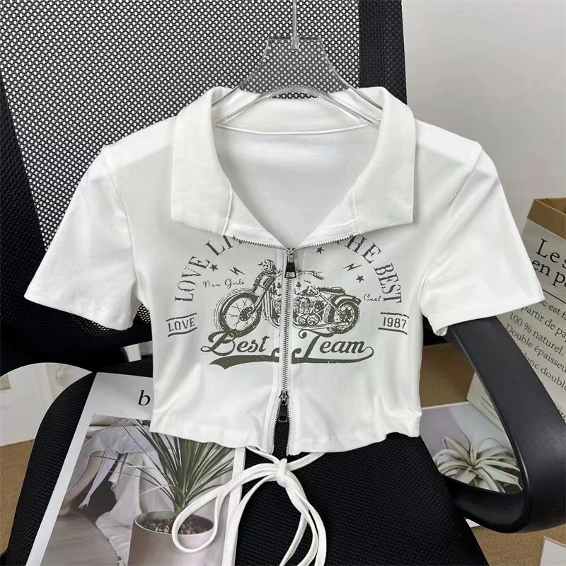 小众设计短款紧身美式辣妹拉链字母印花短袖t恤后背绑带露腰上衣