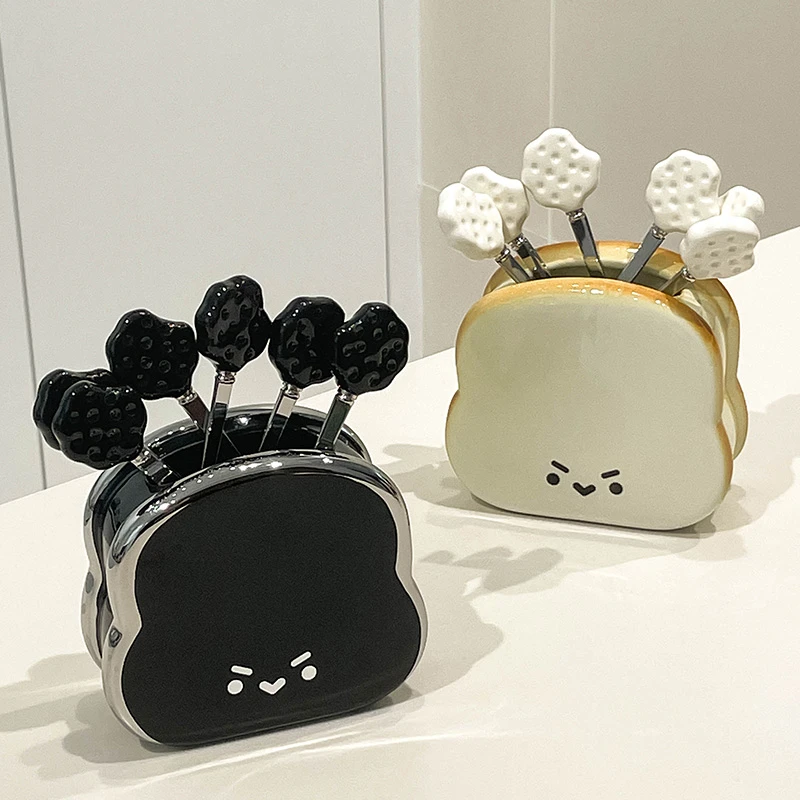 创意水果叉餐具不锈钢可爱奶油色ins家用叉水果签叉子收纳罐套装